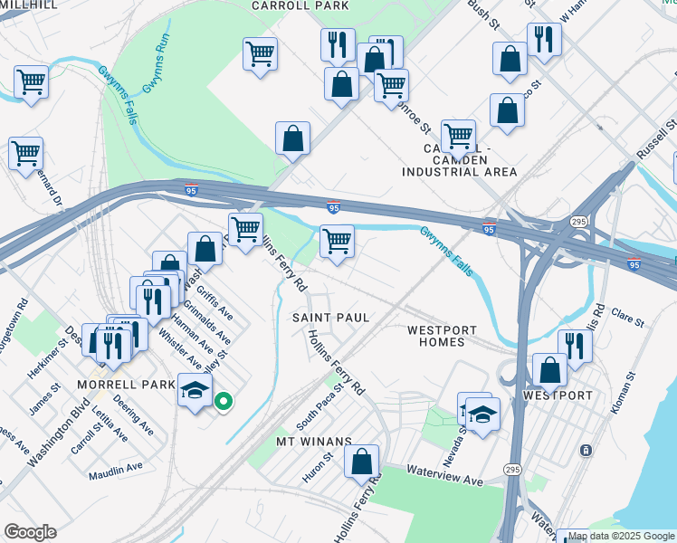 map of restaurants, bars, coffee shops, grocery stores, and more near 2221 Berlin Street in Baltimore