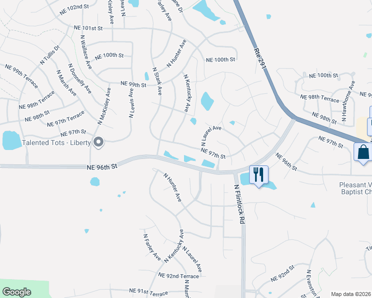 map of restaurants, bars, coffee shops, grocery stores, and more near 8911 Northeast 97th Street in Kansas City