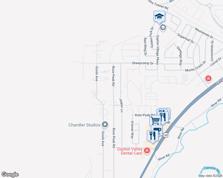 map of restaurants, bars, coffee shops, grocery stores, and more near 176 Rose Peak Road in Dayton