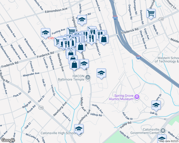 map of restaurants, bars, coffee shops, grocery stores, and more near 127 Bloomsbury Avenue in Catonsville