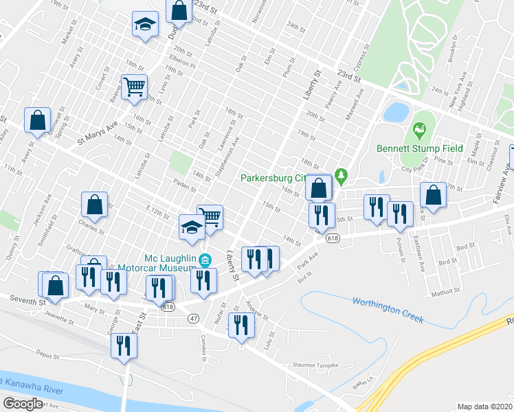 map of restaurants, bars, coffee shops, grocery stores, and more near 1410 Liberty Street in Parkersburg