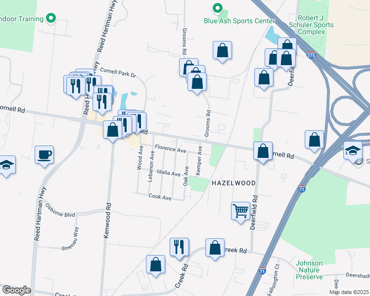 map of restaurants, bars, coffee shops, grocery stores, and more near 5750 Florence Avenue in Cincinnati