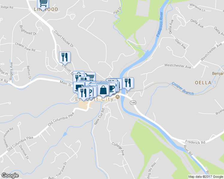 map of restaurants, bars, coffee shops, grocery stores, and more near 3757 Church Road in Ellicott City