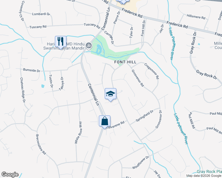 map of restaurants, bars, coffee shops, grocery stores, and more near 3712 Font Hill Drive in Ellicott City