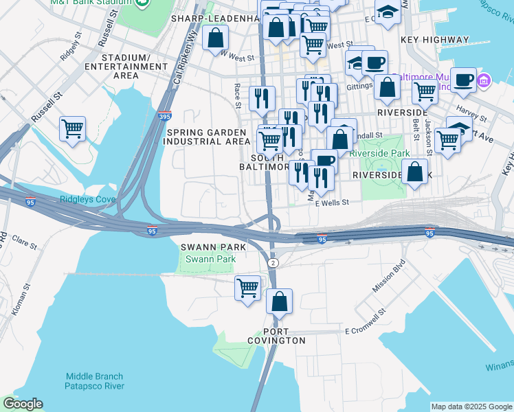 map of restaurants, bars, coffee shops, grocery stores, and more near 1900 South Hanover Street in Baltimore