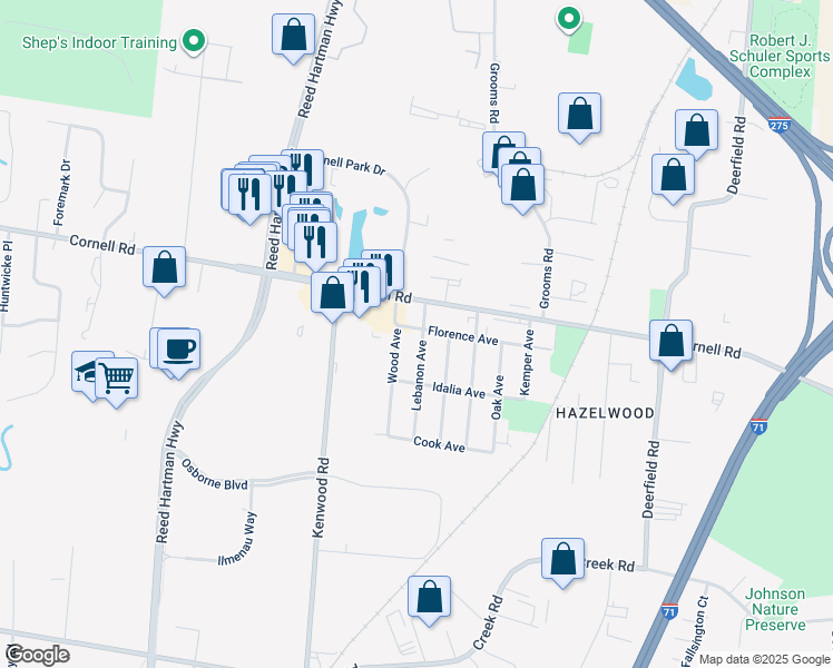 map of restaurants, bars, coffee shops, grocery stores, and more near 5111 Florence Avenue in Cincinnati