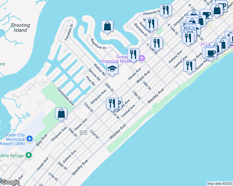 map of restaurants, bars, coffee shops, grocery stores, and more near 201 20th Street in Ocean City