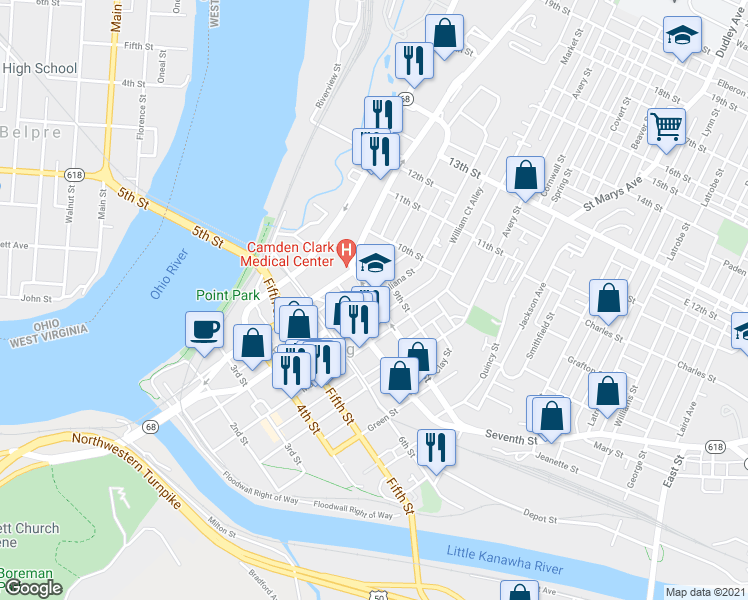 map of restaurants, bars, coffee shops, grocery stores, and more near 201 8th Street in Parkersburg