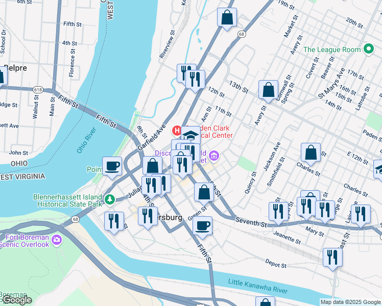 map of restaurants, bars, coffee shops, grocery stores, and more near 201 8th Street in Parkersburg