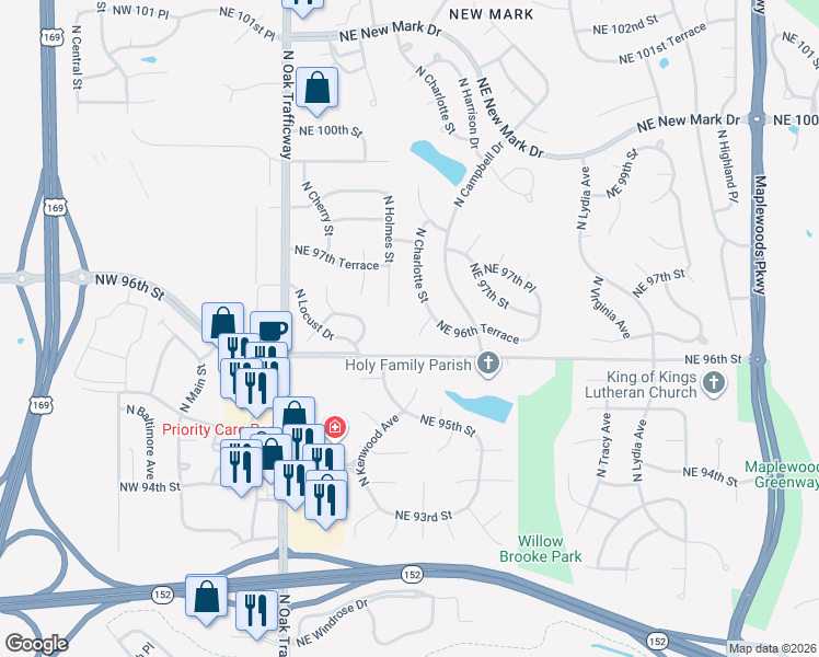 map of restaurants, bars, coffee shops, grocery stores, and more near 9614 North Charlotte Street in Kansas City