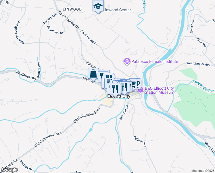 map of restaurants, bars, coffee shops, grocery stores, and more near 8344 Main Street in Ellicott City