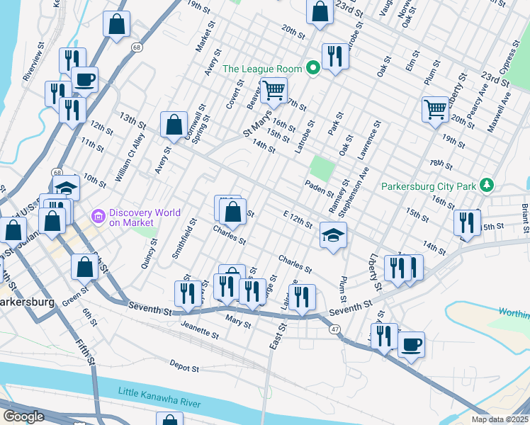 map of restaurants, bars, coffee shops, grocery stores, and more near 1210 Latrobe Street in Parkersburg