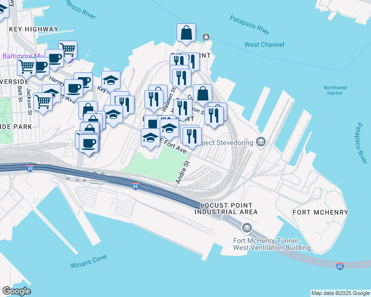 map of restaurants, bars, coffee shops, grocery stores, and more near 1626 East Fort Avenue in Baltimore