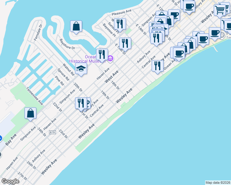 map of restaurants, bars, coffee shops, grocery stores, and more near 1811 Central Avenue in Ocean City