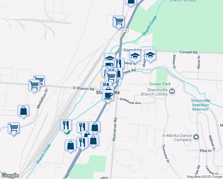 map of restaurants, bars, coffee shops, grocery stores, and more near 11004 Reading Road in Cincinnati