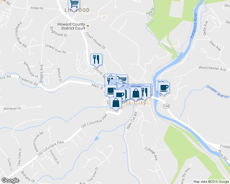 map of restaurants, bars, coffee shops, grocery stores, and more near 8398 Court Avenue in Ellicott City