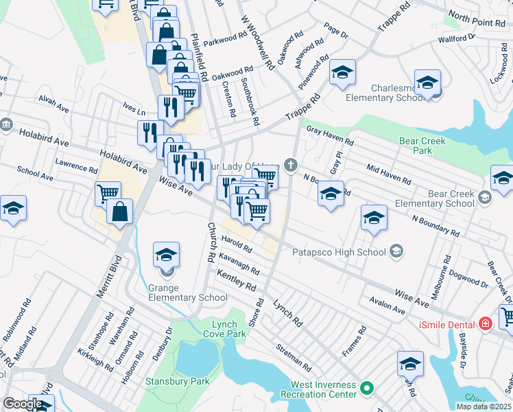 map of restaurants, bars, coffee shops, grocery stores, and more near 7844 Wise Avenue in Dundalk