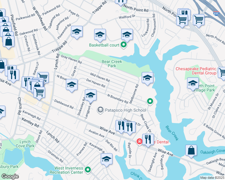 map of restaurants, bars, coffee shops, grocery stores, and more near 8163 Del Haven Road in Dundalk