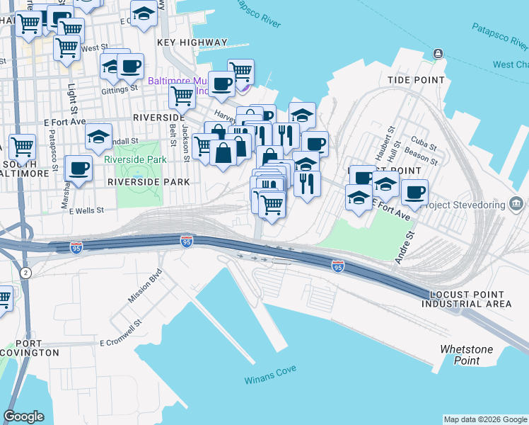 map of restaurants, bars, coffee shops, grocery stores, and more near 1724 Whetstone Way in Baltimore