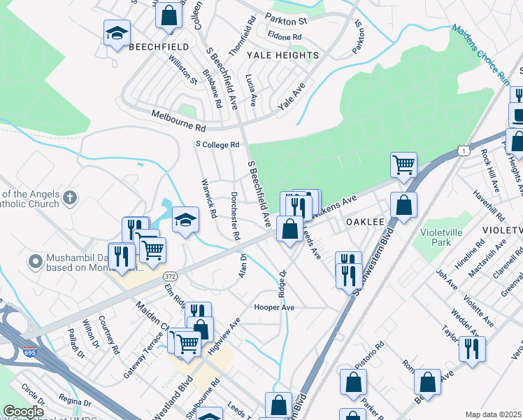 map of restaurants, bars, coffee shops, grocery stores, and more near 802 South Beechfield Avenue in Baltimore