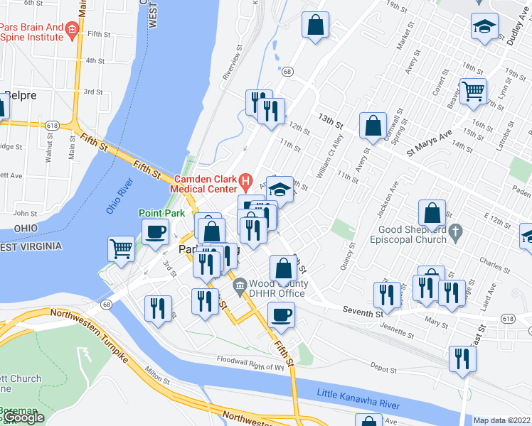 map of restaurants, bars, coffee shops, grocery stores, and more near 810 Juliana Street in Parkersburg