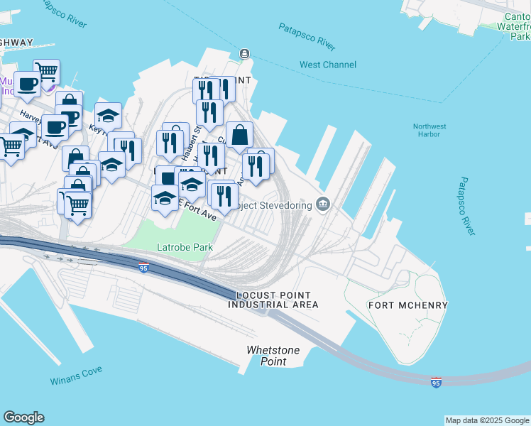 map of restaurants, bars, coffee shops, grocery stores, and more near 1407 Benjamin Street in Baltimore