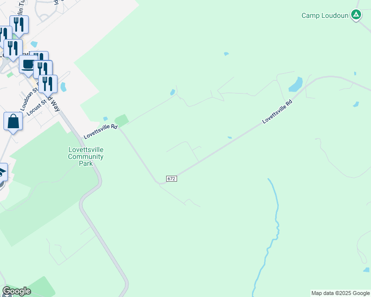 map of restaurants, bars, coffee shops, grocery stores, and more near 39785 Overlook Knolls Road in Lovettsville