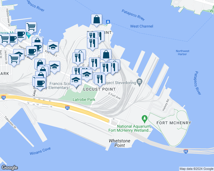 map of restaurants, bars, coffee shops, grocery stores, and more near 1439 Reynolds Street in Baltimore