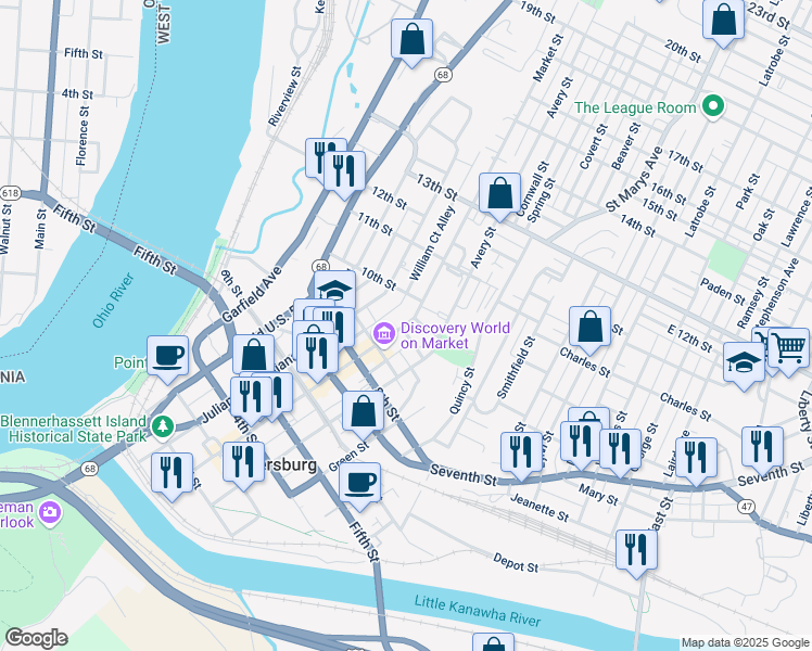 map of restaurants, bars, coffee shops, grocery stores, and more near 946 Market Street in Parkersburg