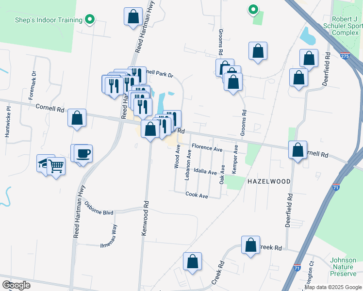 map of restaurants, bars, coffee shops, grocery stores, and more near 5111 Florence Avenue in Cincinnati