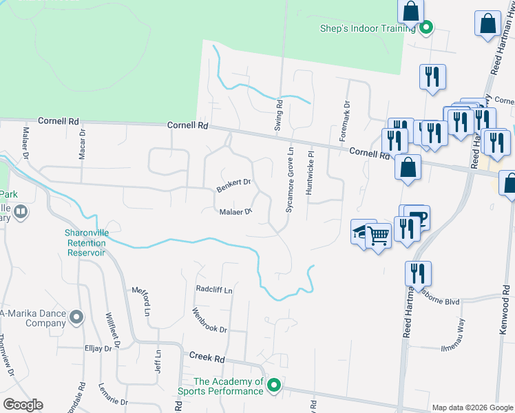 map of restaurants, bars, coffee shops, grocery stores, and more near 4126 Malaer Drive in Cincinnati