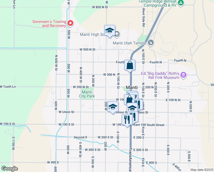 map of restaurants, bars, coffee shops, grocery stores, and more near 190 200 North in Manti