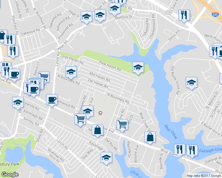 map of restaurants, bars, coffee shops, grocery stores, and more near 8159 Del Haven Road in Dundalk