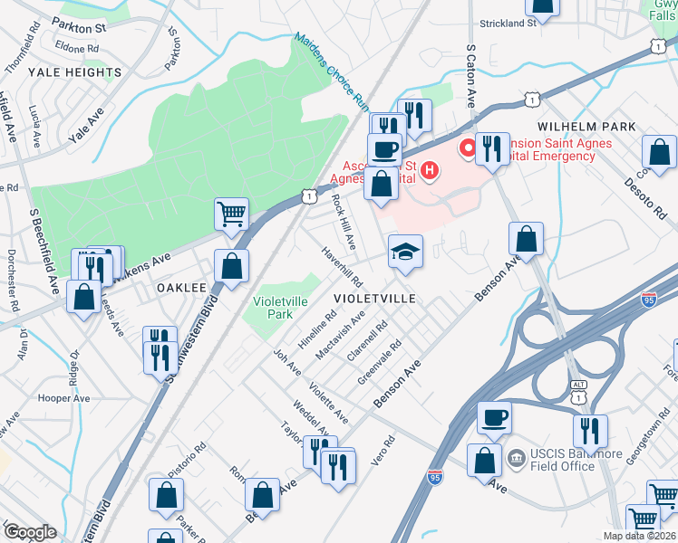 map of restaurants, bars, coffee shops, grocery stores, and more near 1030 Haverhill Road in Baltimore