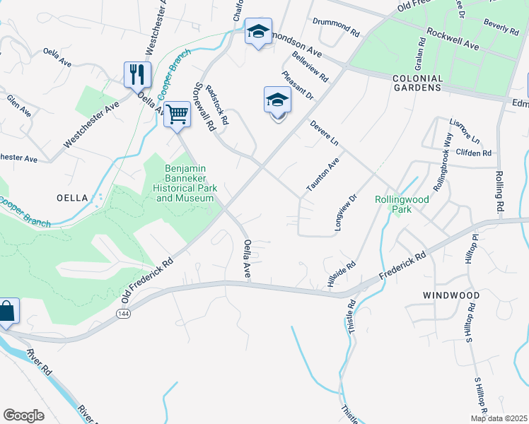 map of restaurants, bars, coffee shops, grocery stores, and more near 107B Oella Avenue in Baltimore