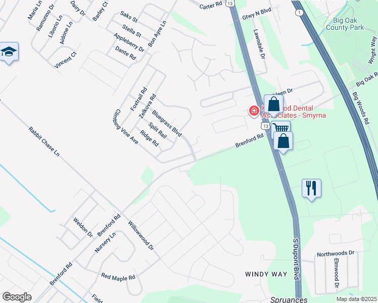 map of restaurants, bars, coffee shops, grocery stores, and more near 5 Bluegrass Boulevard in Smyrna