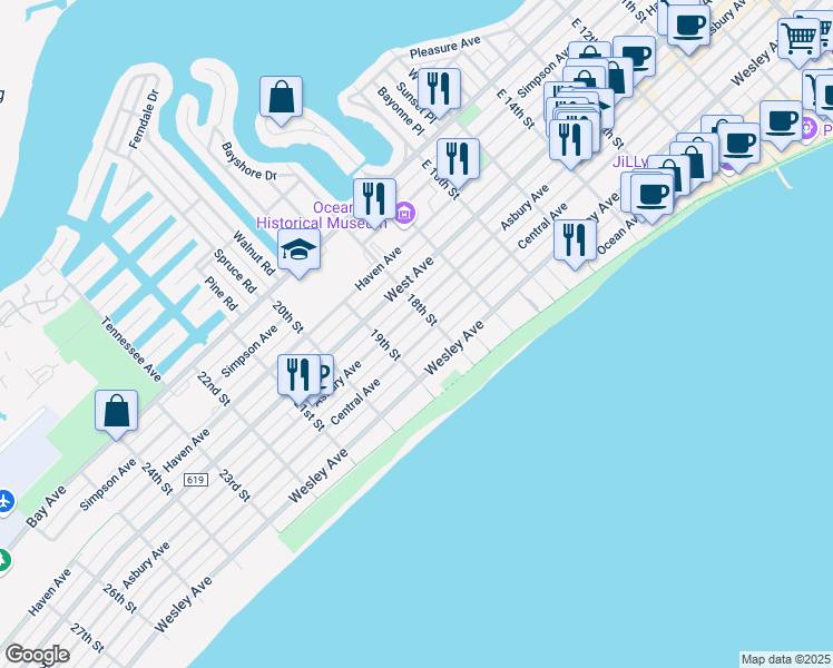 map of restaurants, bars, coffee shops, grocery stores, and more near 1811 Central Avenue in Ocean City