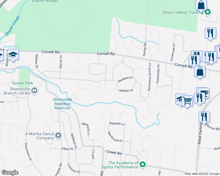 map of restaurants, bars, coffee shops, grocery stores, and more near 11053 Bodwell Court in Cincinnati