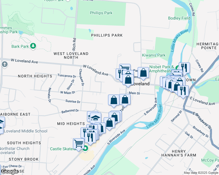 map of restaurants, bars, coffee shops, grocery stores, and more near 710 West Main Street in Loveland