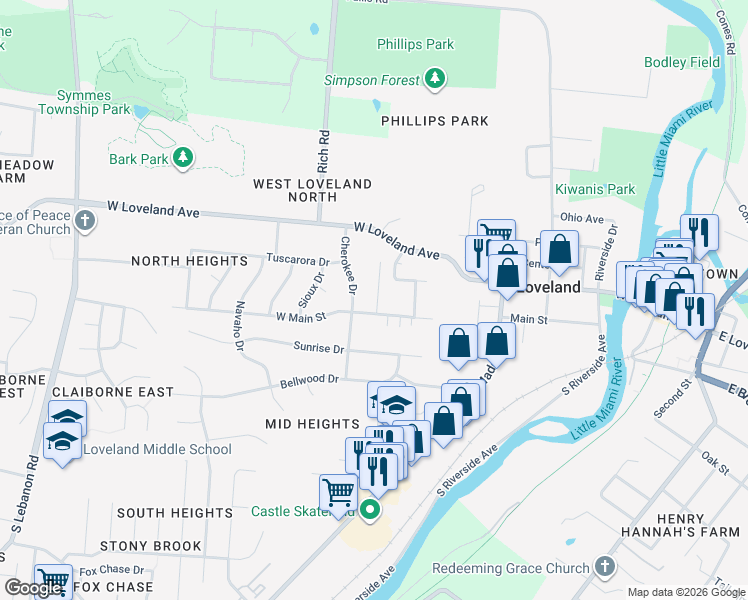 map of restaurants, bars, coffee shops, grocery stores, and more near 222 Cherokee Drive in Loveland