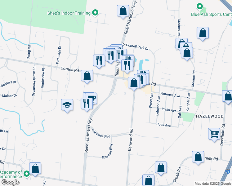 map of restaurants, bars, coffee shops, grocery stores, and more near 4755 Cornell Road in Blue Ash