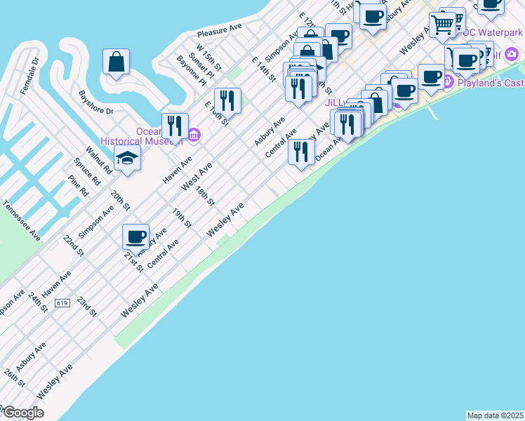 map of restaurants, bars, coffee shops, grocery stores, and more near 1706 Boardwalk in Ocean City