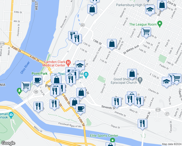 map of restaurants, bars, coffee shops, grocery stores, and more near 946 Market Street in Parkersburg