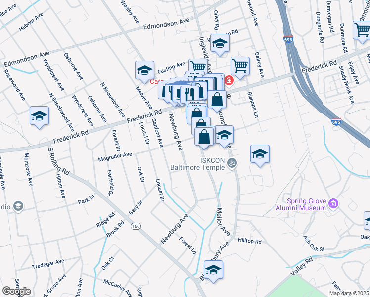 map of restaurants, bars, coffee shops, grocery stores, and more near 105 Newburg Avenue in Catonsville