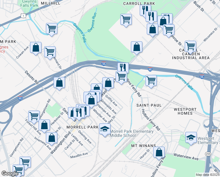 map of restaurants, bars, coffee shops, grocery stores, and more near 2363 Washington Boulevard in Baltimore