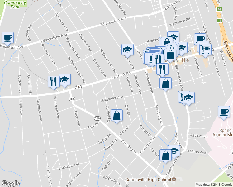 map of restaurants, bars, coffee shops, grocery stores, and more near 9 Forest Drive in Catonsville