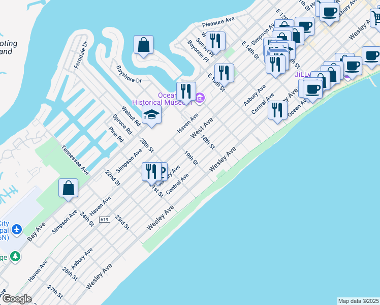 map of restaurants, bars, coffee shops, grocery stores, and more near 1856 Asbury Avenue in Ocean City
