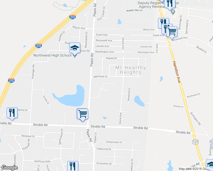 map of restaurants, bars, coffee shops, grocery stores, and more near 2609 Merrittview Lane in Cincinnati
