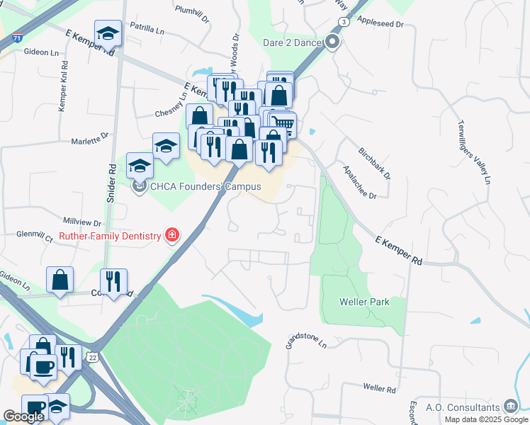 map of restaurants, bars, coffee shops, grocery stores, and more near 8879 Harper Point Drive in Cincinnati