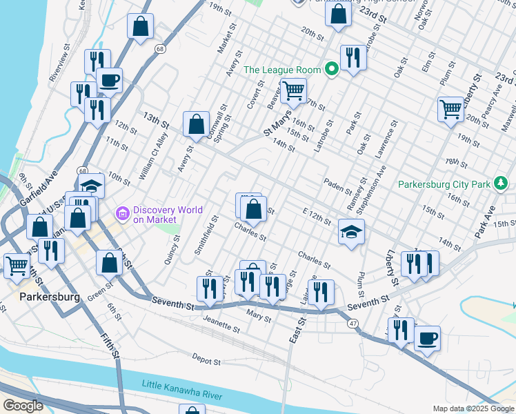 map of restaurants, bars, coffee shops, grocery stores, and more near 1200 Lynn Street in Parkersburg